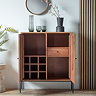 image of acacia wood drinks cabinet with two doors open to show shelves, drawer and compartments within
