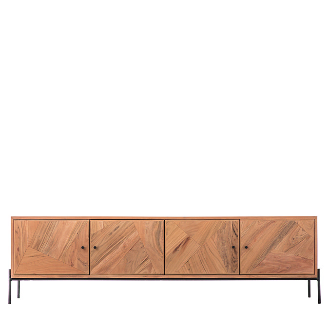 cut out image of wide acacia wood tv unit with black handles