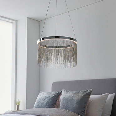 close up on chrome tasselled ceiling pendant light