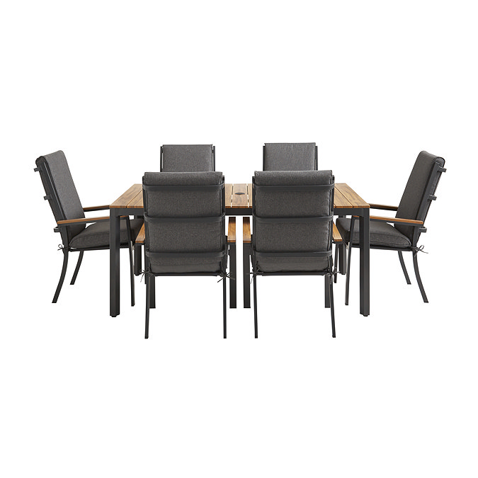 image cut out on white background of black rectangular teak-topped garden dining table with matching grey chairs tucked around it