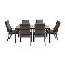 image cut out on white background of black rectangular teak-topped garden dining table with matching grey chairs tucked around it