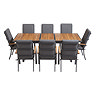 image cut out on white background of black and teak wood garden dining table with eight matching chairs tucked in around it