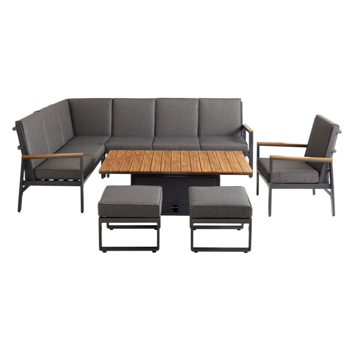 image cut out on white background of grey corner sofa lounge set, with matching chair and two stools