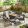 image of grey corner lounge set with teak arms, matching chair and two stools, around a rectangular coffee table with slatted tabletop raised up to show adjustable height feature