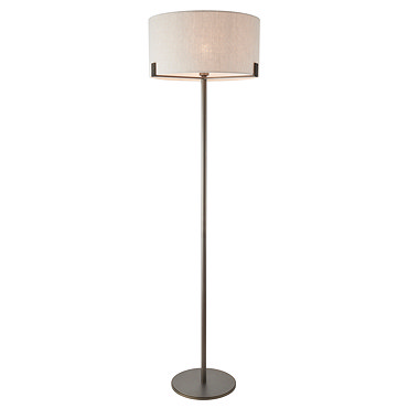 close up image of natural linen shade of floor lamp with dark bronze body