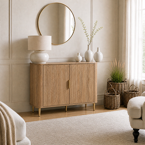 lifestyle image of fluted oak 2 door sideboard with lamp and vases on it