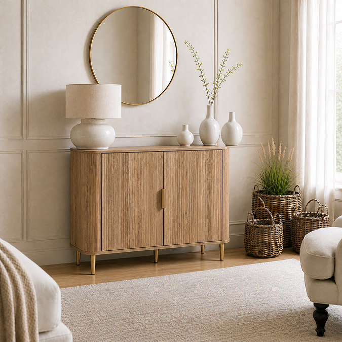 lifestyle image of fluted oak 2 door sideboard with lamp and vases on it