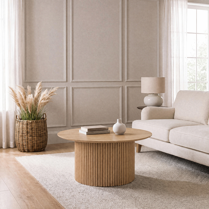 image of oak fluted coffee table with round top, in modern living room