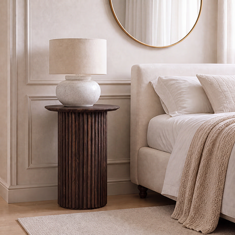 lifestyle image of walnut fluted side table