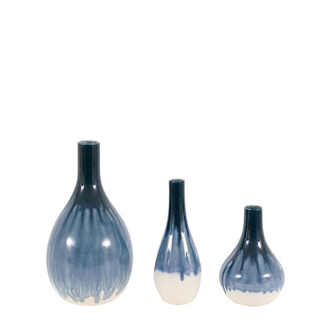 image cut out on white background of set of 3 ceramic blue vases in 3 sizes