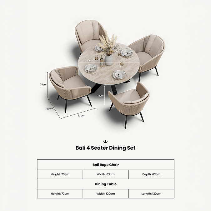 cut out image of bali four seat dining set with specifications at the bottom