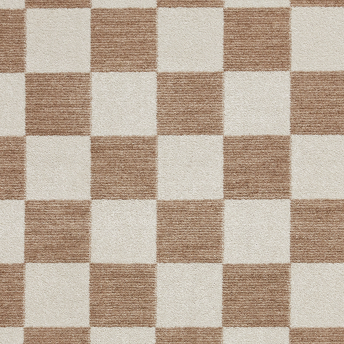 close up on beige checkered rug, highlighting colours and texture