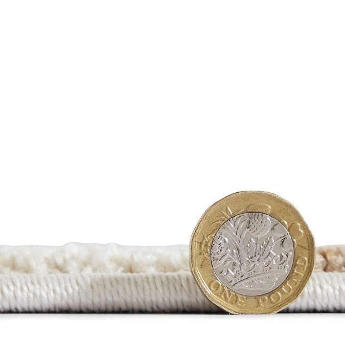 image cut out on white background of rug flat with pound coin stood next to it to show rug as half the height of the coin