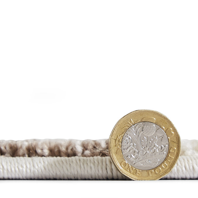 image cut out on white background of rug with pound coin stood up next to it to show rug as half height of coin