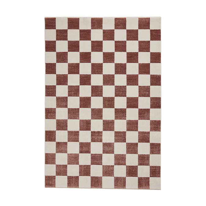 image cut out on white background of checkered plum and cream rug