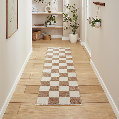 image of long cream and beige rectangular runner in hallway