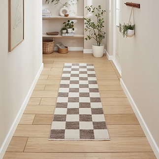 image of grey and cream checkered runner in hallway