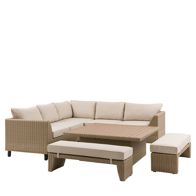 angled cut out image of rattan corner lounge set with 2 benches and coffee table