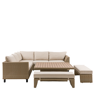 cut out of rattan corner sofa with plush cushions, 2 benches and coffee table