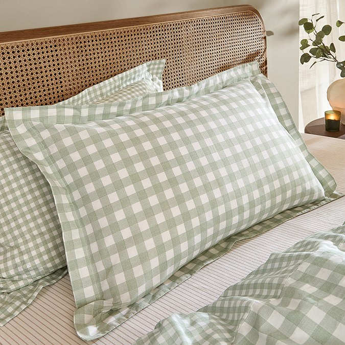 Barton Gingham Duvet Set Eucalyptus on bed image