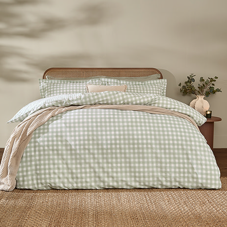 Barton Gingham Duvet Set Eucalyptus on bed image