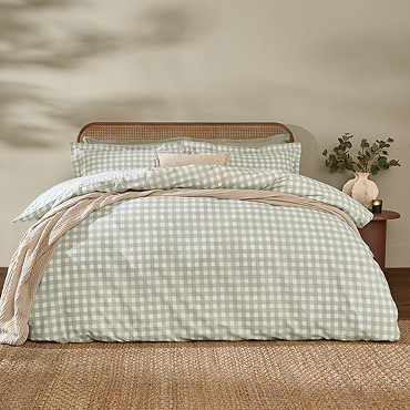 Barton Gingham Duvet Set Eucalyptus on bed image