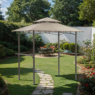 image of outdoor gazebo with steel frame and natural canopy in a garden