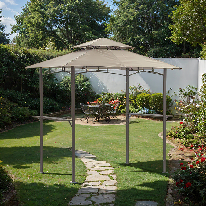 image of outdoor gazebo with steel frame and natural canopy in a garden 