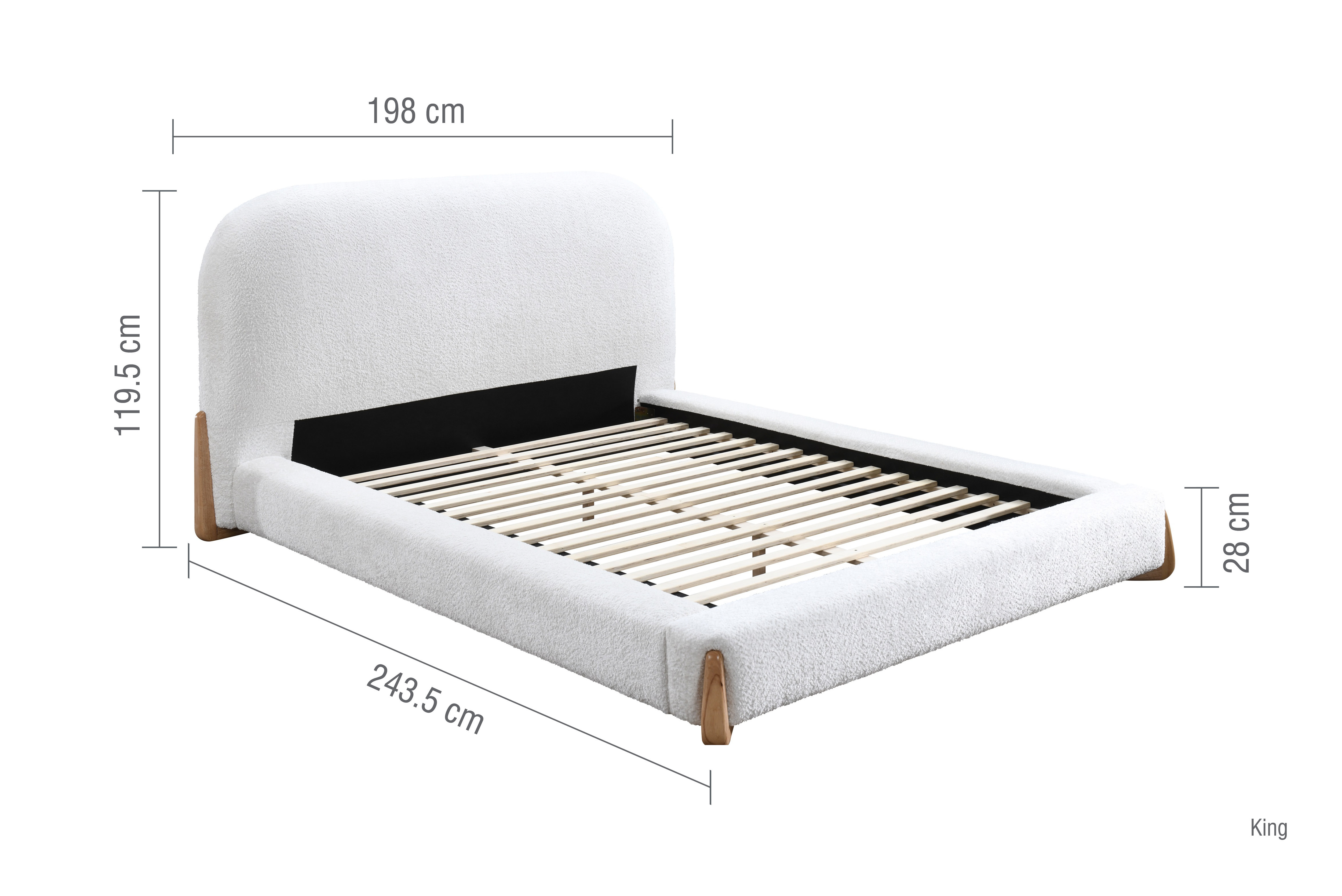 image cut out on white background of king size white boucle bed with black arrow line dimensions to show size