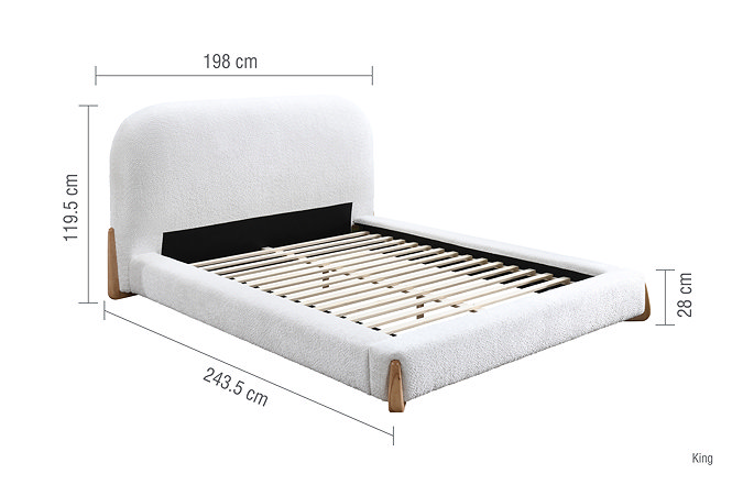 image cut out on white background of king size white boucle bed with black arrow line dimensions to show size