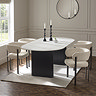 image of four cream chenille dining chairs round cream and black matching dining table