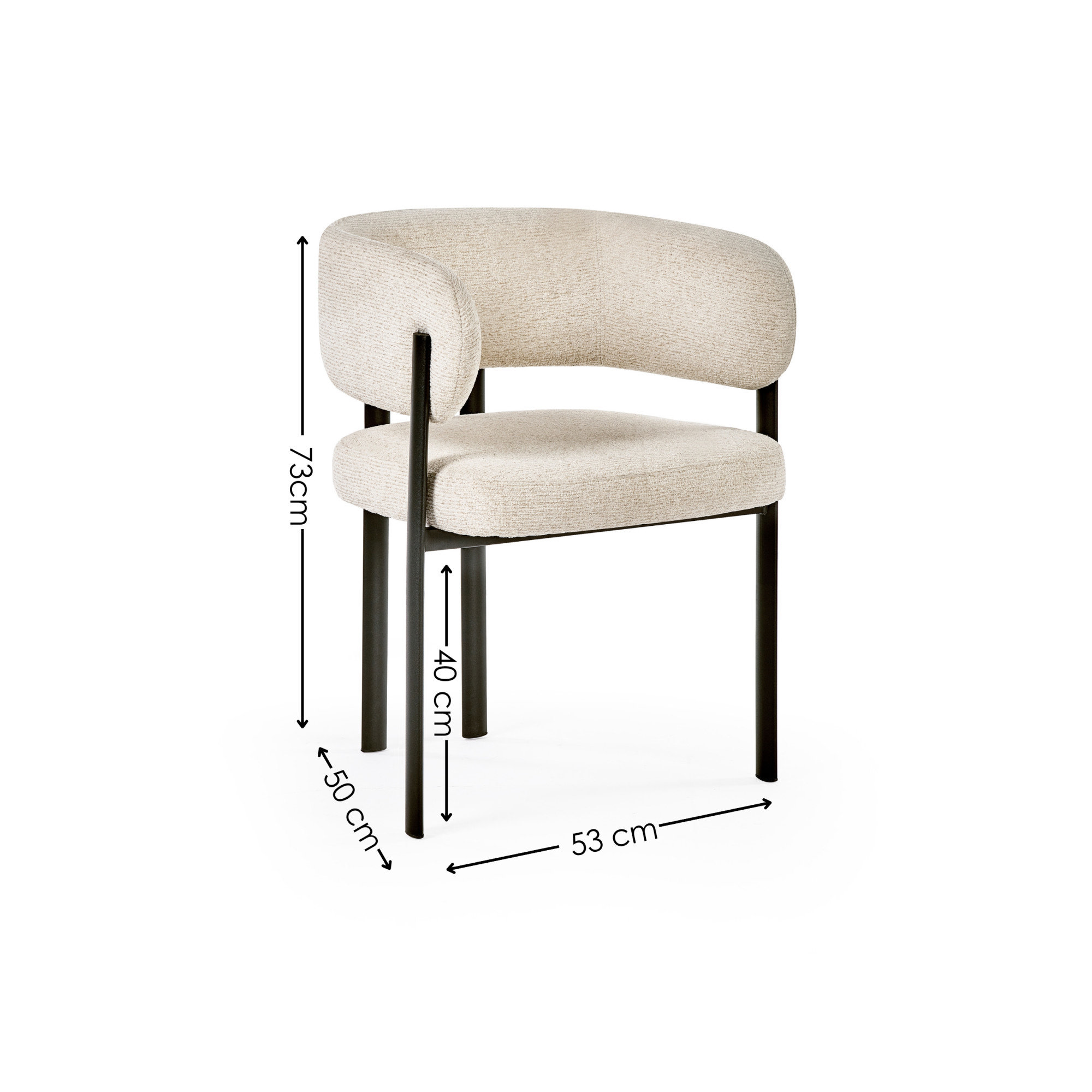 image cut out on white background of cream chenille dining chair with black metal legs with black arrow line dimensions