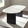 image of oval marble effect dining table with black fluted pedestal legs, without dining chairs