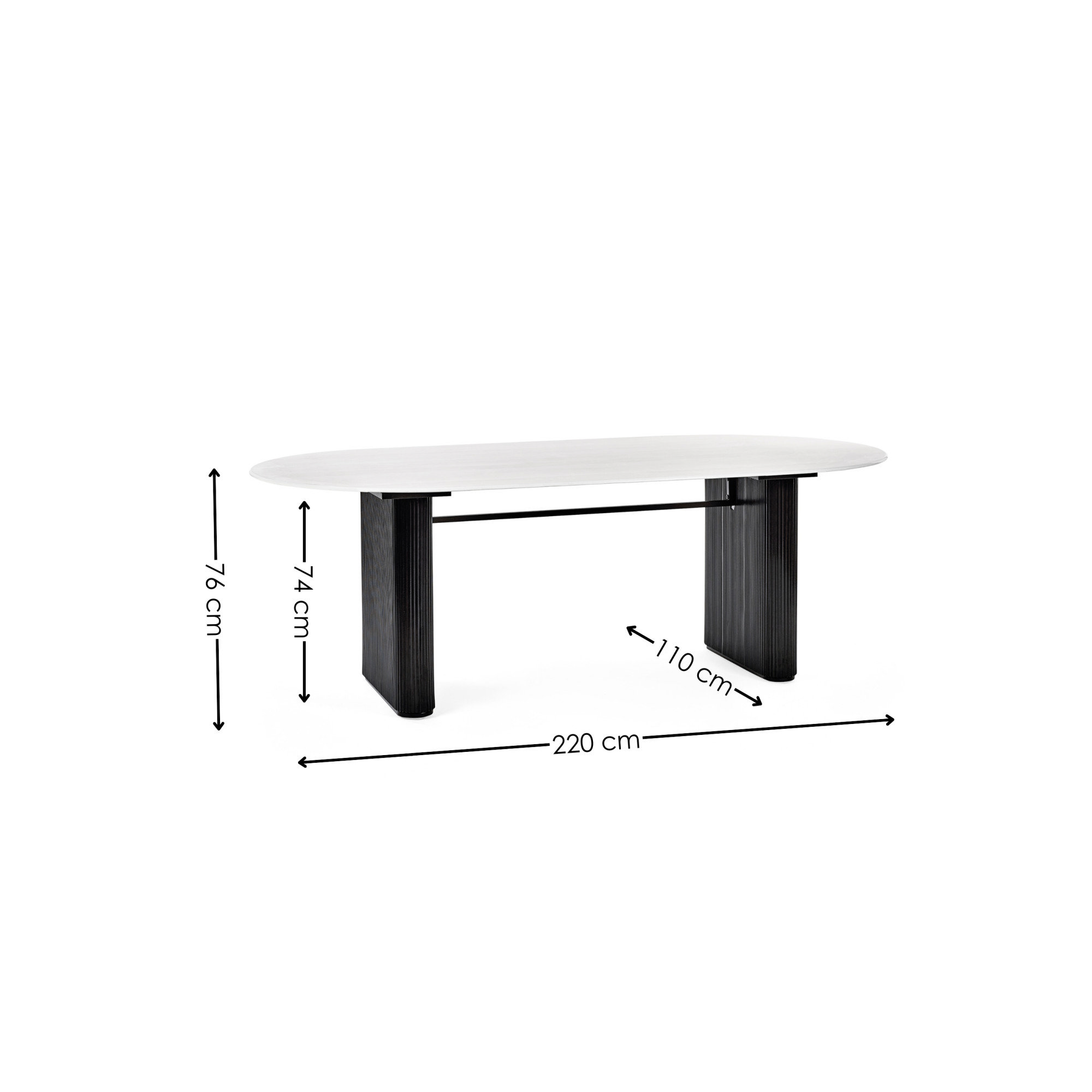 image cut out on white background of oval dining table with black arrow line dimensions