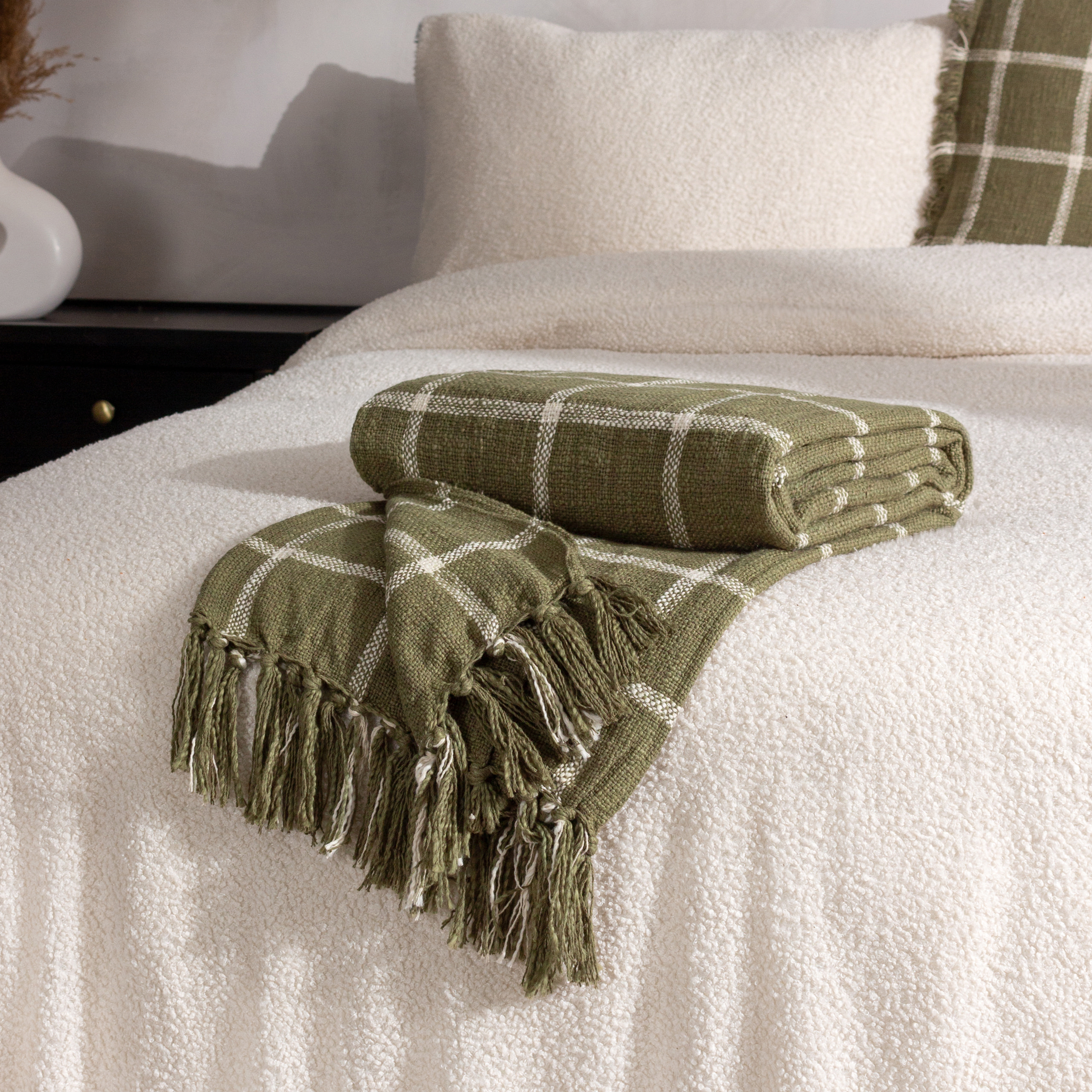Beni Moss Green Woven Checked Throw