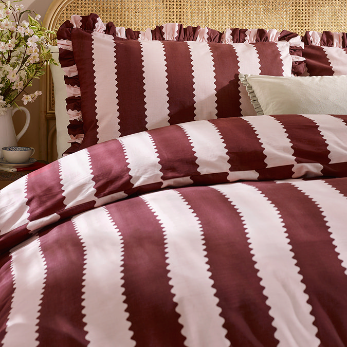 Birdie Stripe Duvet Cover Set Raspberry Front Shot Close Up