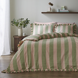 Birdie Stripe Ruffle Duvet Cover Set - Pink & Green main image