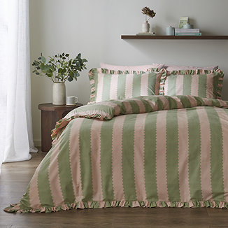Birdie Stripe Ruffle Duvet Cover Set - Pink & Green main image