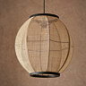 close up image of circular boho style light shad, see through linen with black edges and cable