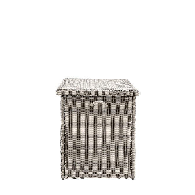 side on image cut out on white background of rattan outdoor storage box