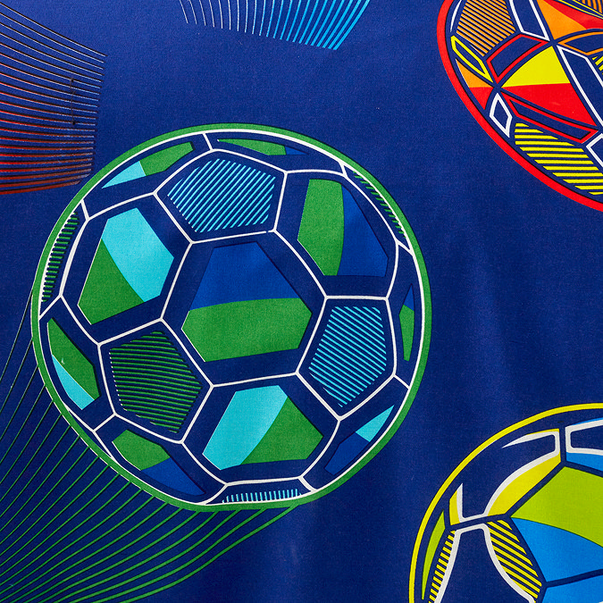 close up image of navy duvet set with bright football pattern on it