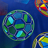 close up image of navy duvet set with bright football pattern on it