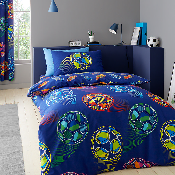 image of single navy duvet set with bright footballs on it