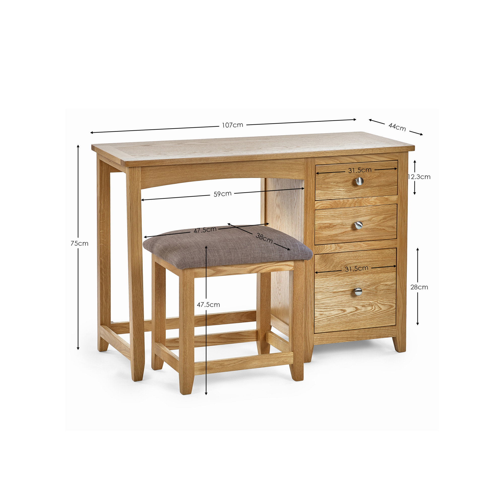 line dimensions image for bronte oak single dressing table with three drawers on the right hand side