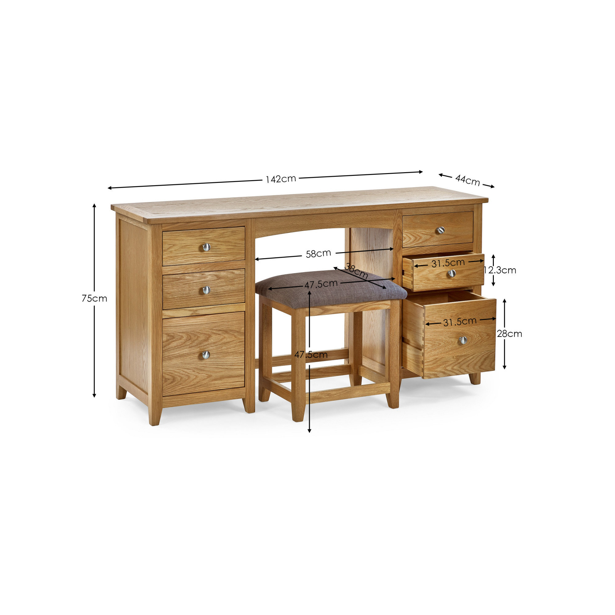 line dimensions image, cut out on white background, of solid wood dressing table and stool