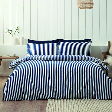Brushed Cotton Stripe Duvet Set Navy Pillows