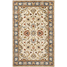 image cut out on white background of vintage floral rug in tan with brown, red, blue and yellow patterns