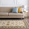 image of vintage tan coloured rug with brown, dark red, yellow and blue floral patterns, on floor in front of brown sofa