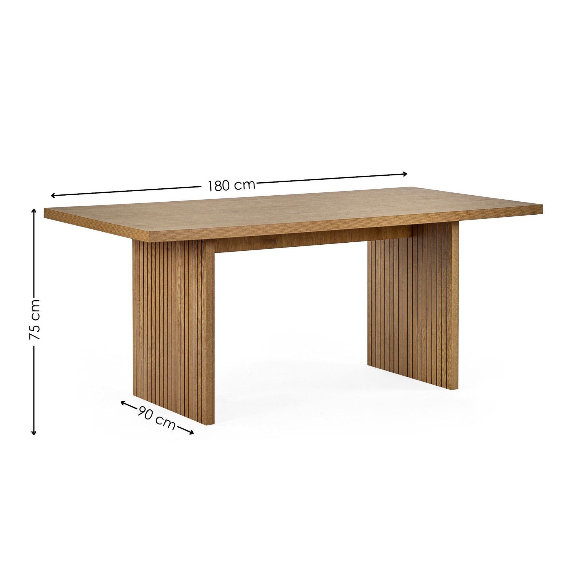 image cut out on white background of rectangular light oak dining table with black arrow line dimensions to indicate sizing