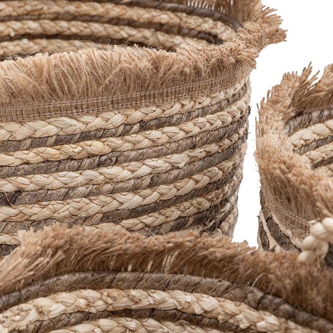 Callie set of 3 fringed woven stripe baskets brown